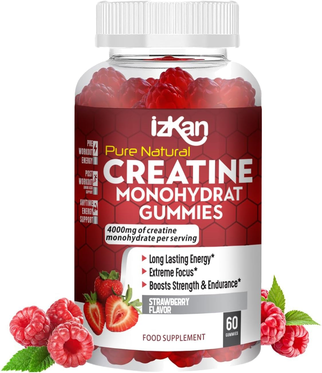Creatine Monohydrate Gummies 4000Mg for Men & Women - 60 Chewable Creatine Gummies Strawberry Flavoured Creatine | Pre Workout Gym Supplement| Vegan | (1 Months Supply) (1)