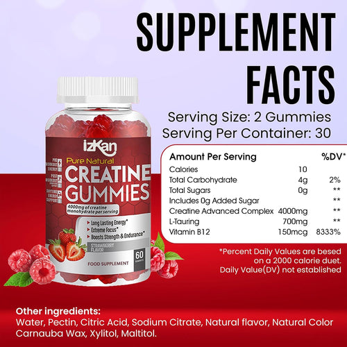 Creatine Monohydrate Gummies 4000Mg for Men & Women - 60 Chewable Creatine Gummies Strawberry Flavoured Creatine | Pre Workout Gym Supplement| Vegan | (1 Months Supply) (1)