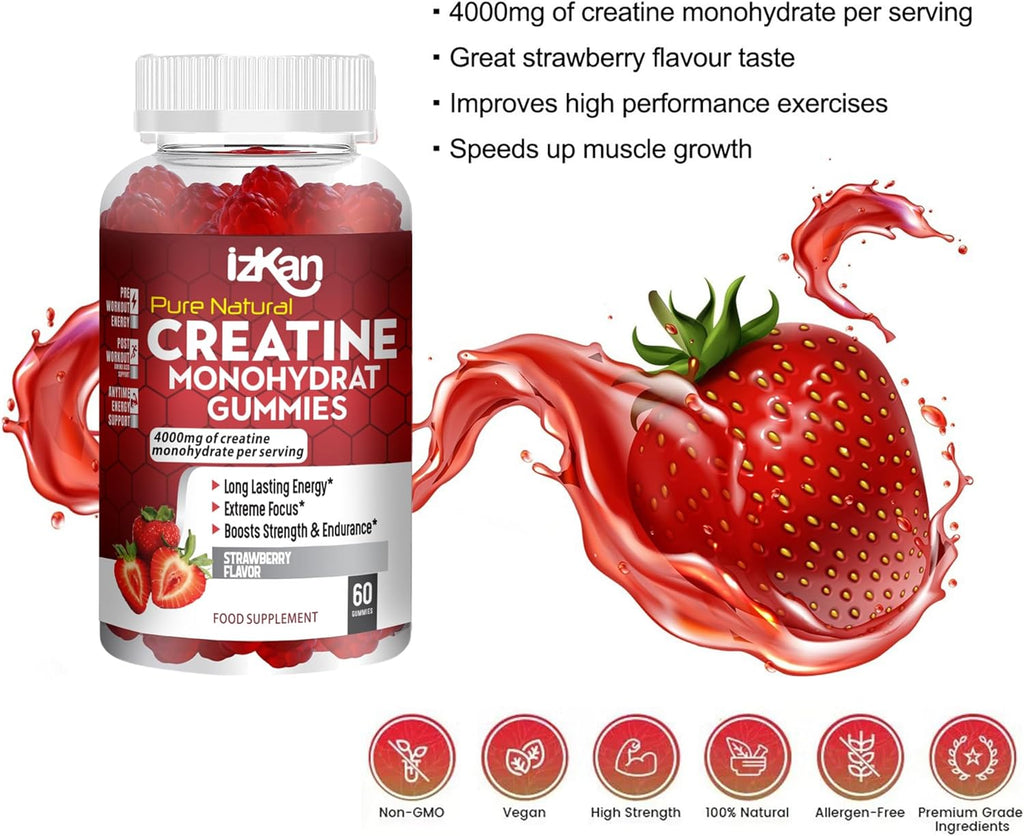 Creatine Monohydrate Gummies 4000Mg for Men & Women - 60 Chewable Creatine Gummies Strawberry Flavoured Creatine | Pre Workout Gym Supplement| Vegan | (1 Months Supply) (1)